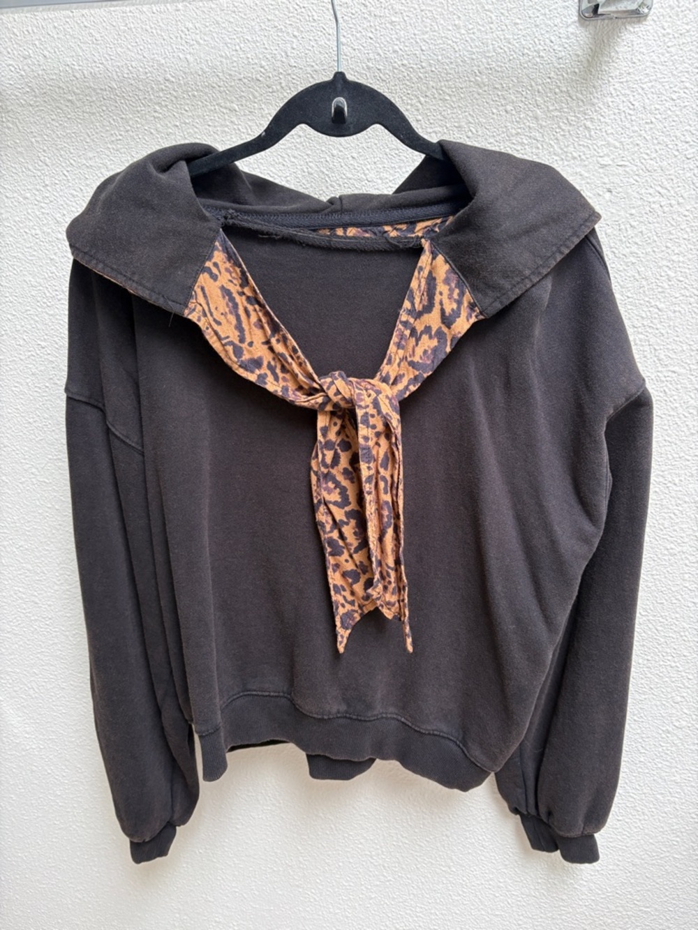 Free People Vintage Black Sweatshirt with Leopard Scarf Accent